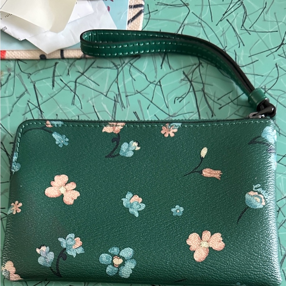 Coach Teal Green Floral Zip Wristlet